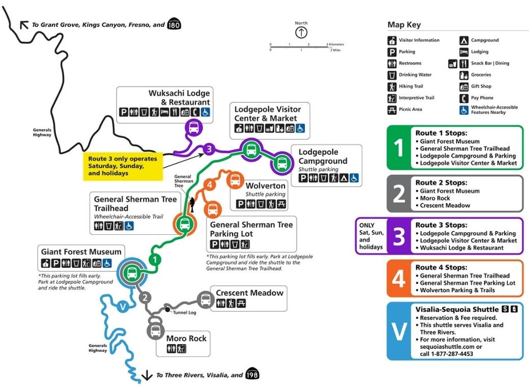Sequoia National Park Itinerary And Kings Canyon Shuttle map for a Sequoia National Park itinerary showing Routes 1 through 4 and the Visalia Sequoia Shuttle connecting major attractions in Giant Forest. Stops include the Giant Forest Museum, General Sherman Tree Trailhead, Moro Rock, Crescent Meadow, Lodgepole Visitor Center and Market, Lodgepole Campground, Wuksachi Lodge and Restaurant, Wolverton parking area, and the General Sherman Tree parking lot, with route colors and shuttle connections marked throughout the park.